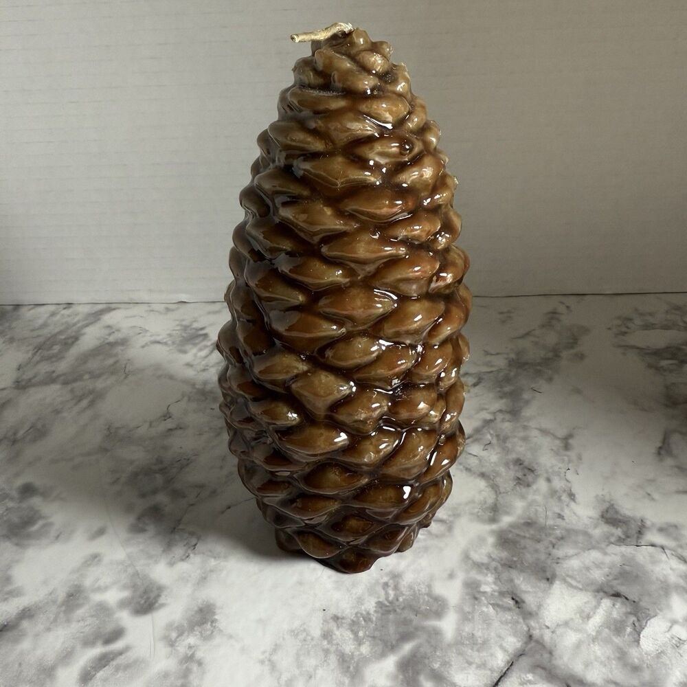 Vintage 1980s Pine Cone Glossy Wax Candle Brown Natural Fall Christmas Decor NOS